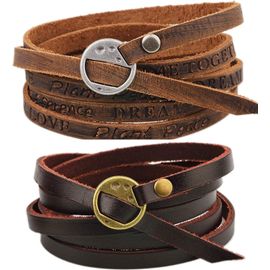 Kal-Bracelets En Cuir Fabriqués À La Main, Bracelets Enveloppants Multicouches, Bracelets Manchette En Cuir De Vache, Bracelets Vintage En Bronze Antique, Bracelets De Mode Pour Femmes Hommes