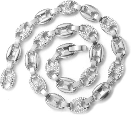 KAL-Chaîne Graine De Café Homme,Chaîne Argent,Collier Et Bracelet,Plaqué Or Réal Or Blanc,Iced Out Avec Diamants,75Cm,Avec Coffret Cadeau Gratuit