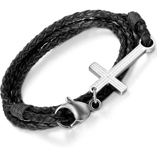 Kal-Bracelet Cuir Alliage Résine Lien Poignet Croix Prière Rétro Design Unique Fantaisie Bijoux Cadeau Pour Femme Homme (Couleur Noir Brun)