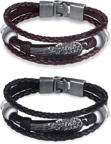 Kal-Mode Bracelets Tressé En Cuir Multicouche Pour Homme Garçons Vintage Bracelet Ailes En Acier Inoxydable