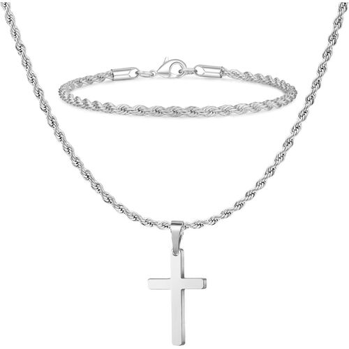 Kal-Collier Croix Pour Homme, Collier Chaîne Pendentif Croix En Acier Inoxydable, Bracelet En Corde Torsadée, Collier Crucifix En Argent Noir Et Or Et Bracelet Chaîne En Corde Épaisse