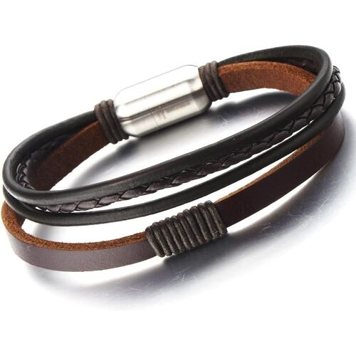 Kal-Bracelet Fait Main Hommes Femme - Cuir Noir Et Brun Véritable Envelopper Bracelet - Acier Inoxydable Fermoir Aimanté