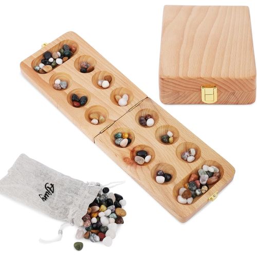 Chenquansarl-Jeu De Société Mancala En Bois - Plateau Pliable Avec 48 + 32 Pierres Multicolores, Idéal Pour Une Soirée En Famille, Jeu De Table Classique Portable Et Amusant Pour Adultes Et Enfants