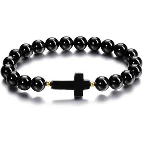 Kalanka-Bracelet Croix En Perles Pierre Naturelle - ?il De Tigre/Obsidienne Homme - Pierre Précieuse Papa Mari - Élastique Bijoux Cadeau