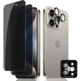 JGD-Anti-Espion Verre Trempé pour iPhone 15 Pro Max, 2+1 Pièces Anti-Spy Protection écran + Caméra Lentille Protecteur Film, 9H Dureté Sans Bulles Anti-Rayures Privacy Protecteurs d'écran