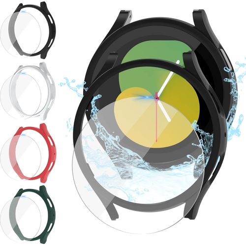 Pack 4 Coques Cadre Pc 44mm + 4 Verres Trempés 9h Pour Samsung Galaxy Watch 5 & Watch 4 - Protection Écran Étanche, Découpes Précises (Noir/Argent/Vert/Rouge)