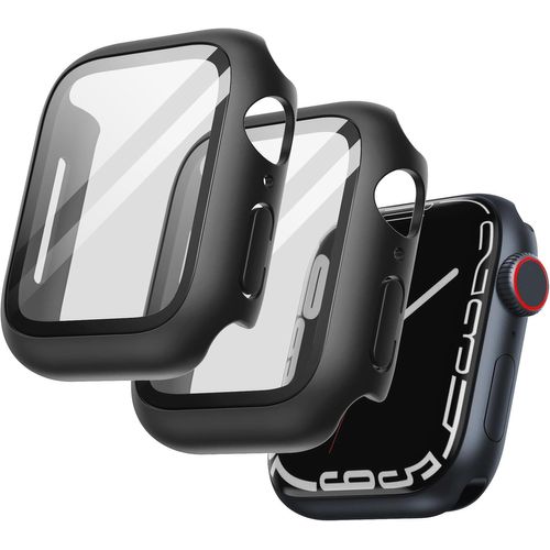 Coque Intégrale + Verre Trempé 9h Pour Apple Watch Series 9/8/7 45 Mm ¿ 2 Pièces Noir, Protection Écran Complète Antichoc, Installation Sans Retirer Le Bracelet