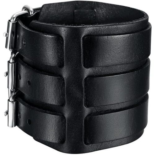 Cauc-- Bracelet De Force Homme Classique Cuir Véritable Noir Trois Triple Largeur 55mm, 18 Cm, Cuir, Sans Pierre, 18 Cm, Cuir, Sans Pierre