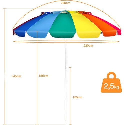 Parasol De Plage Inclinable Multicolore Hauteur 185cm Sans Socle