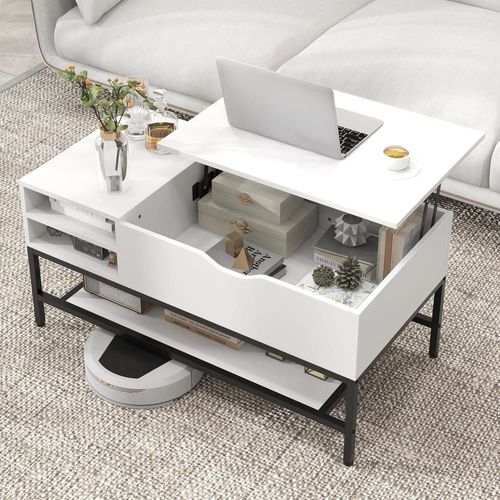 Table Basse Plateau Relevable Vérin À Gaz Blanc 100 X 49,5 X 47cm