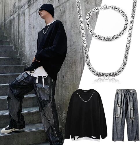 2pcs Argent Collier Homme Acier Inoxydable Byzantine Collier Byzantine Bracelets Pour Homme Femme Punk Chaîne 6/8mm