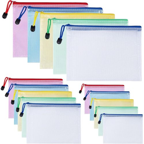 Eryi-Lot De 15 Porte-Documents Colorés A3 + A4 + A5 - Étanche - En Maille Avec Fermeture Éclair - En Maille - Plastique - Fermeture Éclair - Pour Documents, Cosmétiques (3 Tailles)