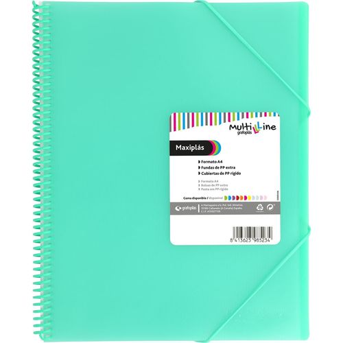 Porte-Documents A4 En Plastique | 50 Pochettes Transparentes | Vert Menthe | Polypropylène Extra | Spirale Pvc | Maxiplás Multiline | Parfait Matériel Scolaire Et De Bureau