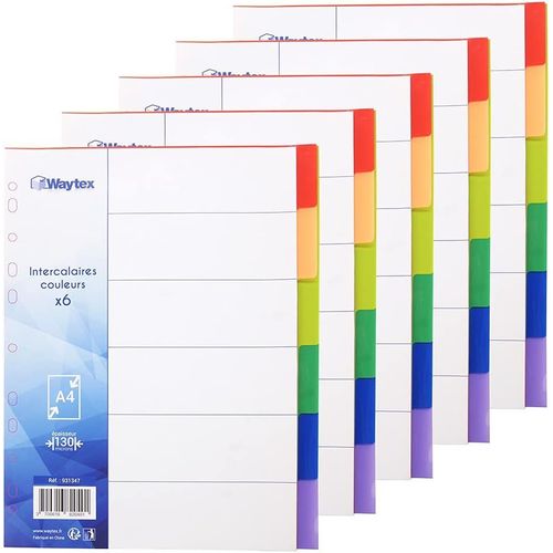 Eryi-931347c5 Intercalaires A4 6 Touches Neutres En Polypropylène De Couleurs Vives Avec Index (Lot De 5)