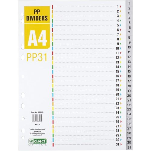 Intercalaires Pour A4, Pp31, 31 Intercalaires, Onglets Avec Chiffres Imprimés 1-31, Gris, Séparateur De Couleur En Polypropylène, Polypropylène