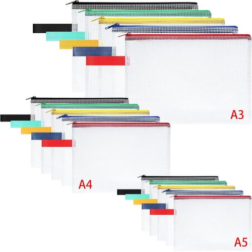 Eryi-Pochette En Pvc Zip Document Dossier, 15pcs A3 A4 A5 Chemise Paquet Portefeuille Zip Sac De Dossier Stockage Sacs À Glissière Pour Articles De Bureau De Voyage ((Fermeture Eclair De Couleur)