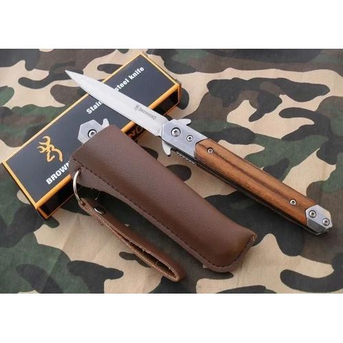 Couteau "Browning" Droit Lame Fine 9 Cm Manche Bois 12,5 Cm Etui