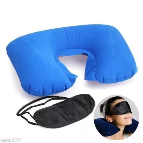 Set de Voyage Coussin Gonflable Repose Nuque + Masque Auto Avion Train Doux