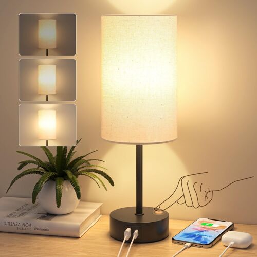 Dimmable Touch Bedside Lamp With Usb A+C Charging Ports, Linen Lampshade For Bedroom, Living Room, Home Office