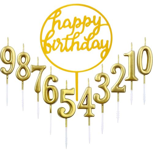 ERYI-Lot De 10 Bougies De Gâteau Numéro 0 À 9 Ans + 1 Lettre De Joyeux Anniversaire À Paillettes Décoration De Gâteau Numéro De Bougies Numériques Pour Fête D'Anniversaire Mariage (Doré)