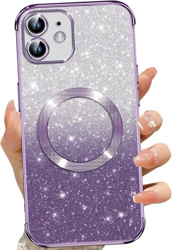 SJZG-Coque Magnétique Pour Iphone 11, Etui À Paillettes Compatible Avec Magsafe, Antichoc Charge Sans Fil Housse Pour Iphone 11, Avec 2 Verre Trempé, Pourpre