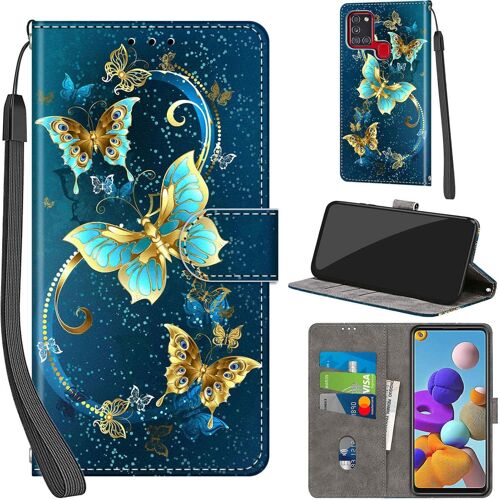 KAL-Coque Pour Samsung Galaxy A21S Cover [Housse En Cuir Pu Premium] [Etui À Rabat] [Pochette De Portefeuille], Étui De Protection Pour Samsung A21S,Papillon Vert