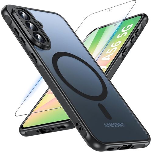 Coque Magnétique Pour Samsung Galaxy A56 5g ¿ Verre Trempé 9h Inclus, Protection Militaire Anti-Chocs X-Shock 3.0, Aimants Puissants 2200 Gauss, Dos Mat Translucide Anti-Jaunissement ¿ Noir