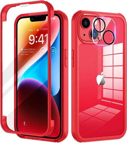 JGD-Coque pour iPhone 14 6,1 Pouces, Antichoc Housse avec Verre Trempé Protection écran +[9H Dureté Caméra Arrière Protecteur] Full Body Protection Integrale Bumper Rubuste Etui - Rouge