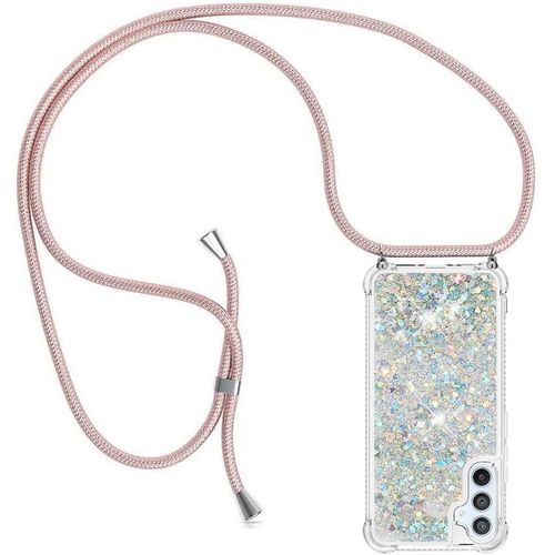 Coque collier Samsung Galaxy A54 5G ¿ Étui TPU antichoc à paillettes liquides en coeur, cordon tour de cou réglable 150 cm, style tendance mains¿libres