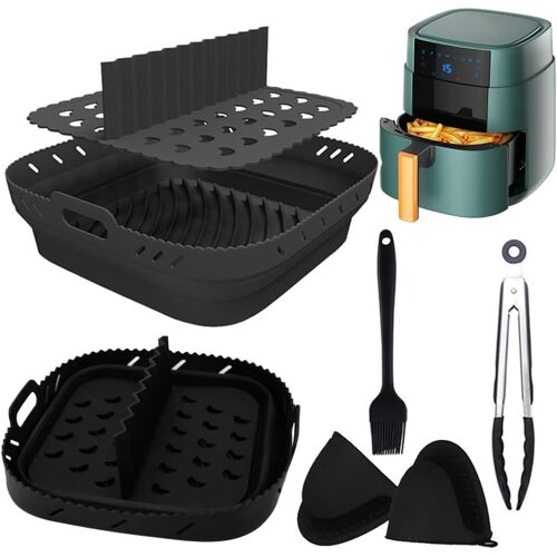 Moule silicone friteuse à air 21 cm avec séparateur - 5 pièces accessoires friteuse à air sans huile, anti-adhésif/facile à nettoyer, compatible avec Cosori 5,5 L Cecotec 6L avec pince brosse moufles