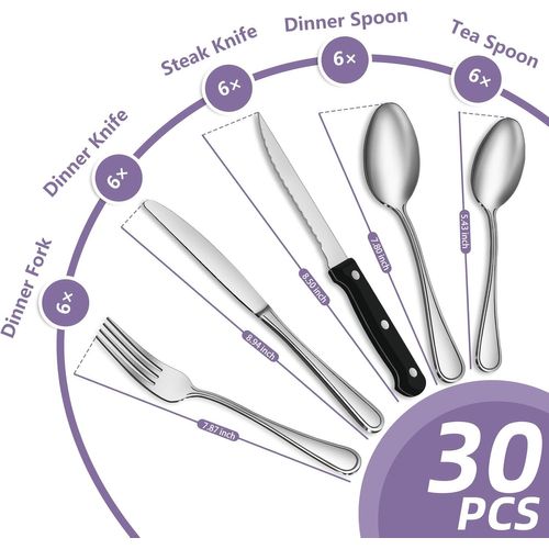 Kalanka-Couverts De Table Avec Couteau A Steak, 30 Pi¿¿Ces Couverts Pour 6 Personnes, Couvert En Argent Comprenant Cuill¿¿Re, Couteau, Fourchette, Lave-Vaisselle