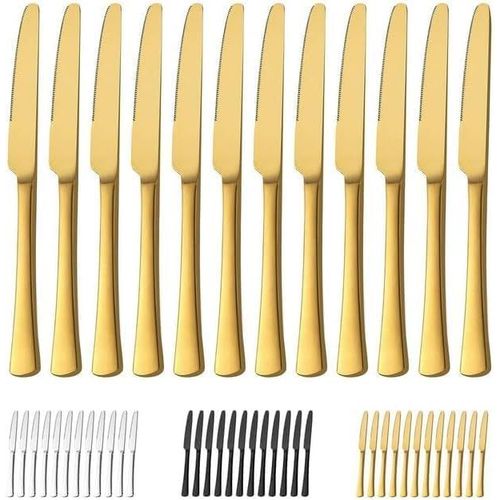 Set De 12 Couteaux De Table, 23.8cm(9.37 Inch) Set De Couteaux, Couteau À Beurre En Acier Inoxydable, Couteaux De Table À Lame Crantée Pour Cuisines Et Restaurants, Lavables En Machine, Or