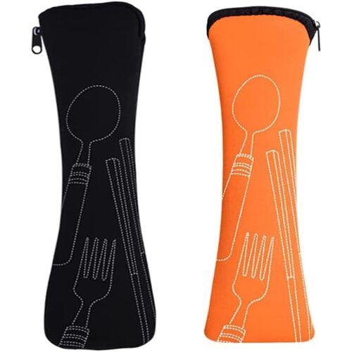 Sac à couverts pour les déplacements, Boite a Couvert Transportable, 2 pièces portables en néoprène sacs à couverts pique-nique vaisselle camping vide enfants école couverts lavables (orange/noir)