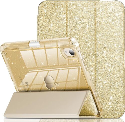 ELVORIX-Coque pour iPad mini 7 (A17 Pro), iPad mini 7e/6e génération 2024/2021, jolie coque de protection à paillettes avec dos transparent scintillant, porte-crayon