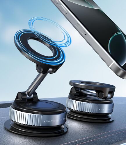 Support Téléphone Voiture À Ventouse, Compatible Avec Magsafe, Porte-Téléphone Magnétique Réglable À 360° & Pliable Pour Voiture/Tableau De Bord/Pare-Brise/Verre/Toute Surface Lisse ¿ Noir