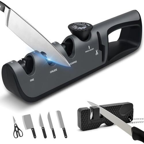 Aiguiseur Couteaux Professionnel, 4 En 1 Affuteur Couteau Avec Ciseaux, 6 Niveaux Réglable Bouton D'angle Eguiseur De Couteau, Multifonctionnel Affuteur Couteau Manuel & Aiguiseurs Poche(Gris)