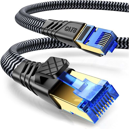 Cat 8 Ethernet Cable, 5 m Cat 8 RJ45 Cable Super Speed Network LAN Patch 40Gbps 2000MHz Flat Nylon Braided Internet Cable Compatible with Router, Switch, Modem, TV, PS5/4, Xbox, PC