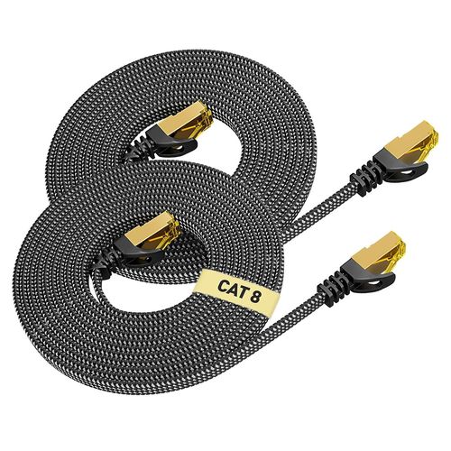Cat 8 Câble Ethernet 1M 2 Pièces, Cat8 Tressé Plat Haut Débit (40Gbps 2000Mhz/S) Gigabit Rj45 Stp Câble Blindé Internet Réseau Lan Patch Pour Modem Routeur Ordinateur Tv Pc