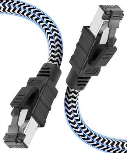 Cat 8 Câble Ethernet 2M, RJ45 Cable Haute Vitesse Réseau 40Gbps 2000MHz, Nylon Tressé Double Blindage STP LAN Câble Internet, Compatible avec Routeur Modem TV Box PC PS4/5