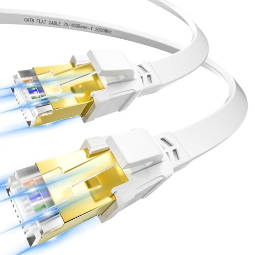Ethernet Cable 3 m Cat 8, Flat RJ45 Network Cable 3 m High Speed Fibre 40Gbps 2000MHz, Shielded Wifi Cable Gigabit Internet LAN Cable White for Router Modem PS5/4
