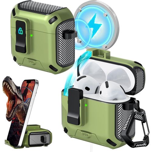 SJZG-Compatible Avec Airpods 4Ème Étui Avec Stylo De Nettoyage, Clip De Verrouillage, Protection Complète Du Corps, Fonction De Support Et Compatible Avec Magsafe,Vert Olive