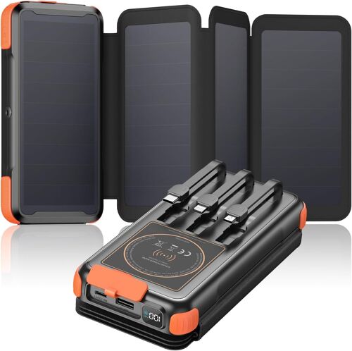 Solar External Battery 25000 Mah ¿ Wireless Solar Power Bank Charger With 3 Cables And 4 Solar Panels ¿ 20w Fast Charging Powerbank With Usb C ¿ Flashlight For Outdoor Use