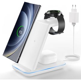 Station De Charge Pour Samsung, 3 En 1 Chargeur Induction Para Samsung S25/S24/S23/S22/S21/Zflip/Fold, Chargeur Sans Fil Para Galaxy Watch Ultra/8/7/6, Wireless Charger Para Galaxy Buds-Blanc