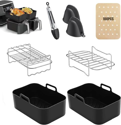 Air Fryer Accessories for Dual AF300UK 400UK Air Fryer 8 Pack Includes 2 Double Air Fryer Stands, 2 Silicone Liners, 100 Paper Liners, 2 SiliconeD Gloves