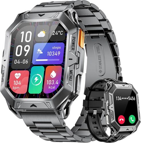 Montre Connectée Homme avec Appel Bluetooth, 2.13"" AMOLED Militaire Sport Smartwatch 100+ Sport/Fréquence Cardiaque/Sommeil/Boussole, 1000mAh IP68 Étanche Android iOS