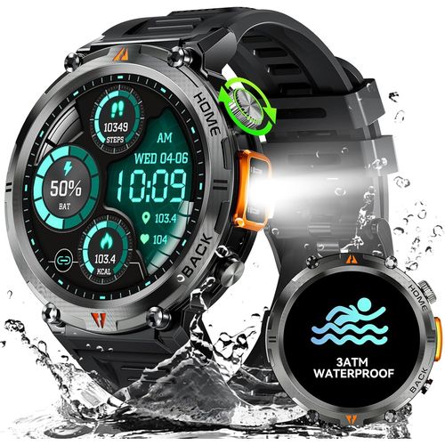 Men's 3atm Waterproof Smart Watch With Bluetooth Calls, 1.45 Inch Military Smartwatch With Led Torch, Fitness Watch With Heart Rate Spo2 Monitoring 110+ Sports Modes For Android Ios