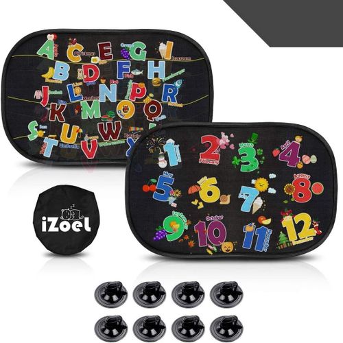 Hljhj-Pare Soleil Voiture Bébé Enfant, 2 Pcs Pare Brise Vitres Latérales, Motif Chiffres Et Lettres, Auto Adhésifs, 8 Ventouses, Sac Rangement, 51 X 31 Cm, Universelle - Protection Solaire Et Uv