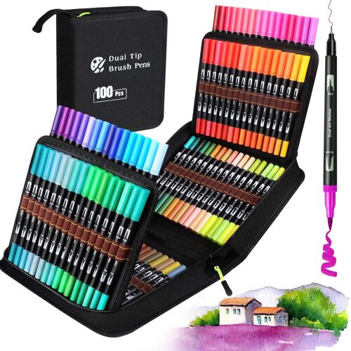 Jexnovashop-100 Couleurs Feutres Coloriage Enfants Avec Adulte, Feutre Double Pointe Feutres Aquarelle Stylos Pointe Fine Pour Dessin, Manga, Doodling, Scrapbooking