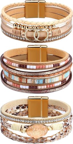 3 X Leather Bracelets For Women, Boho Wrap Bracelets Leather Bracelet Leather Bracelet Western Stackable Jewellery Gifts For Women (Gold/Black/Grey/Turquoise)