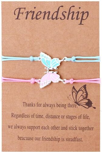 Friendship Bracelets For 2 Girls, Matching Long Distance Friendship Bracelets With Butterfly For Women Sister Friend Birthday Back To School First Day Of School, Silver
